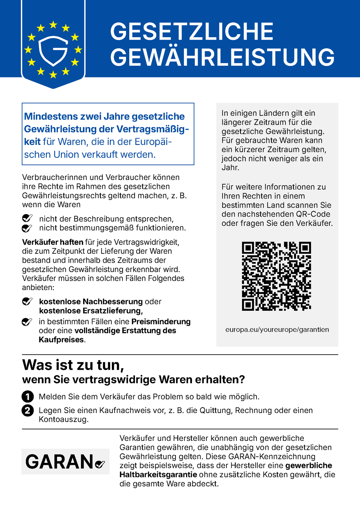 Hinweis auf die gesetzliche Gewährleistung von zwei Jahren
